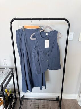 SHEIN Navy Blue Midi Skirt with Matching Vest Set